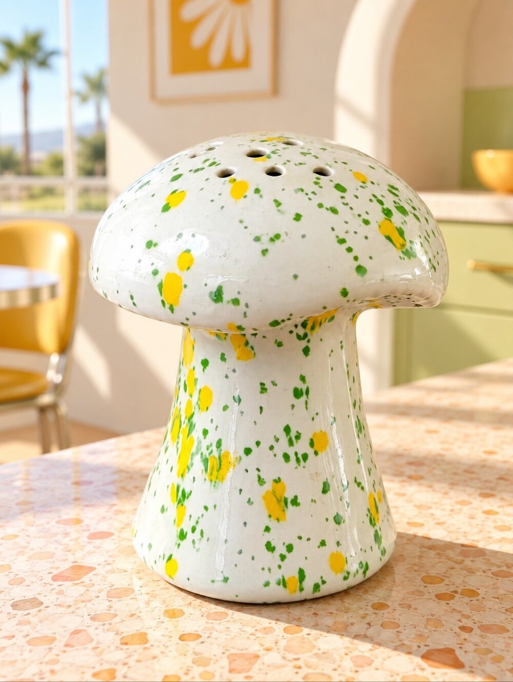 Vintage 1970s Ceramic Mushroom Sugar Spice Shaker Green Yellow Speckled